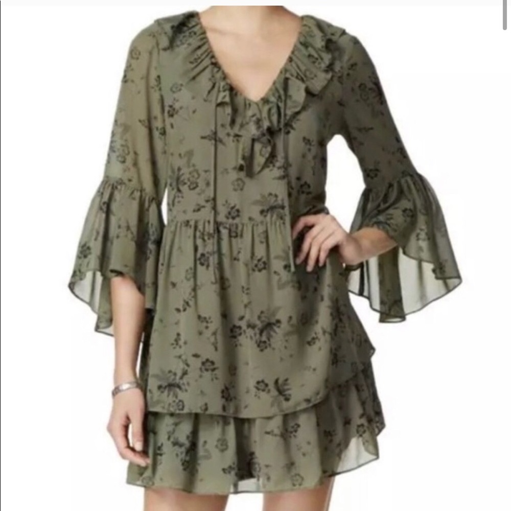 🐢Kensie Green Floral Print Ruffle Casual Dress M